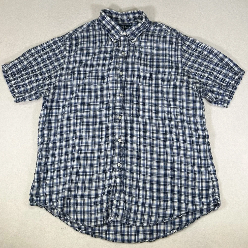 Polo Ralph Lauren Men's XL Blue Plaid 100% Linen Short Sleeve‎ Button Up Shirt - Picture 3 of 7